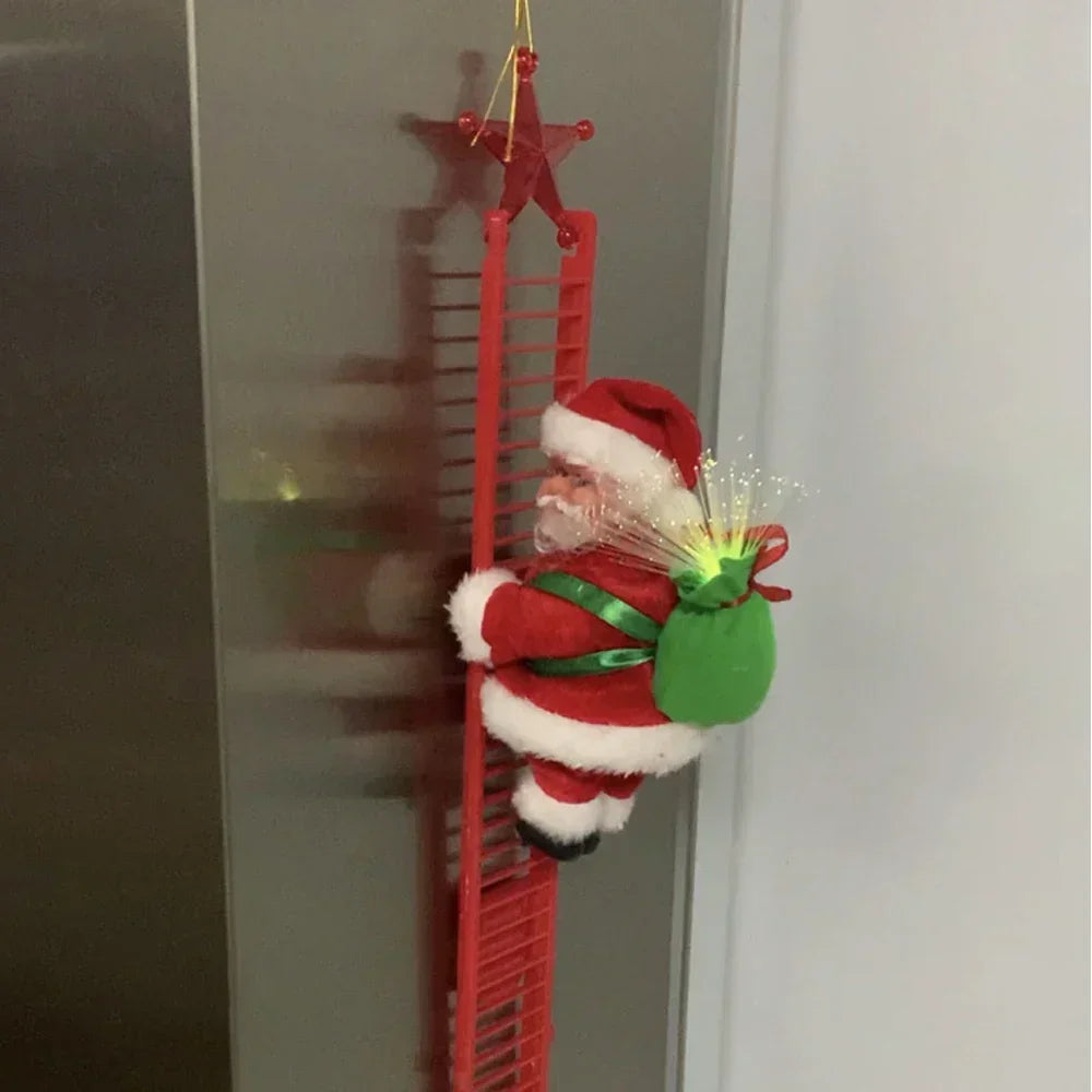 Electric climbing Santa Christmas ornament on a red ladder with a festive design
