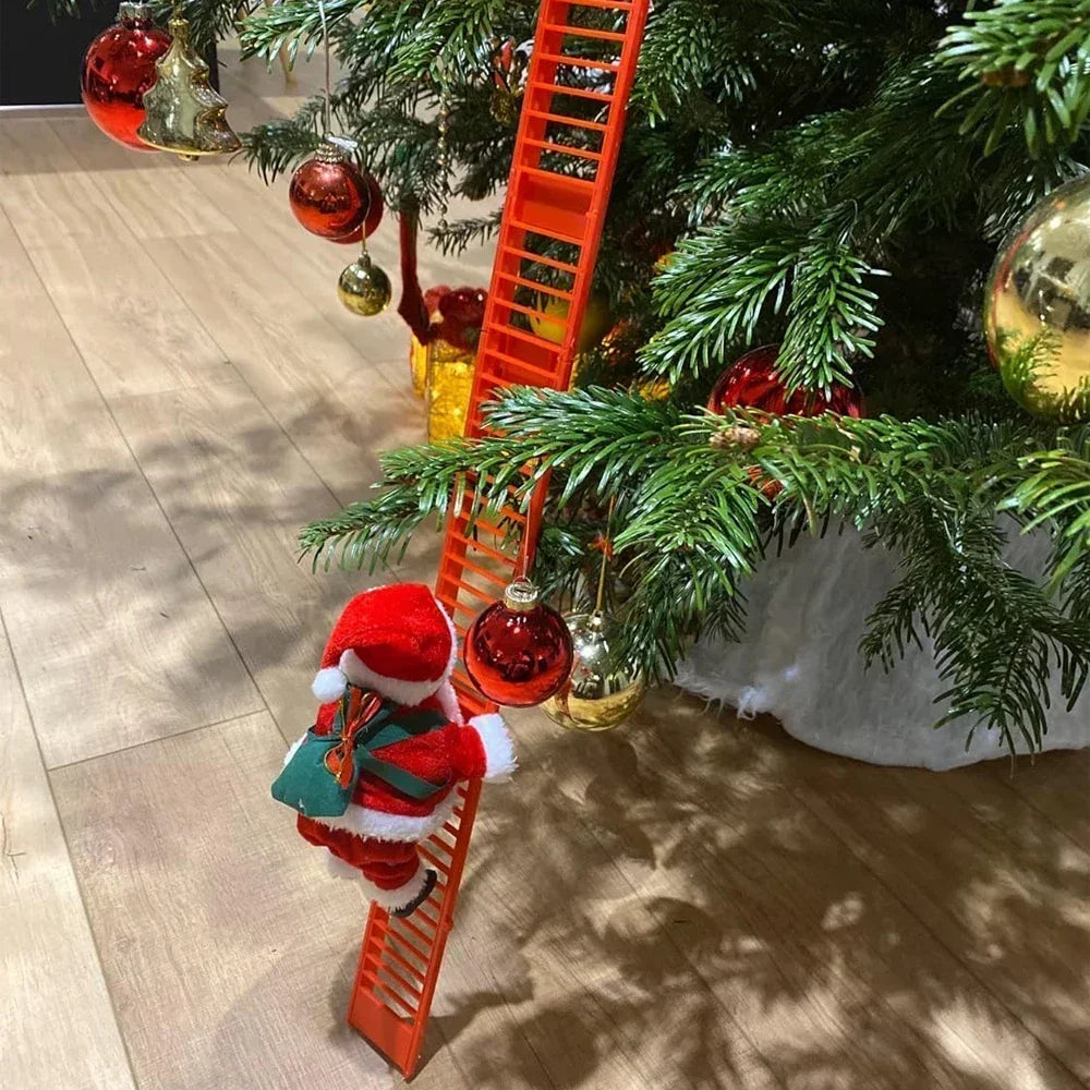Electric climbing Santa Christmas ornament on a tree with bright decorations and colorful baubles