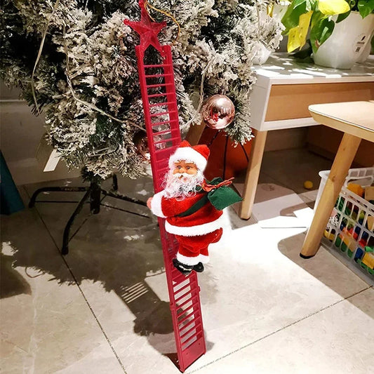 Electric climbing Santa Christmas ornament on a decorative ladder for festive holiday decor