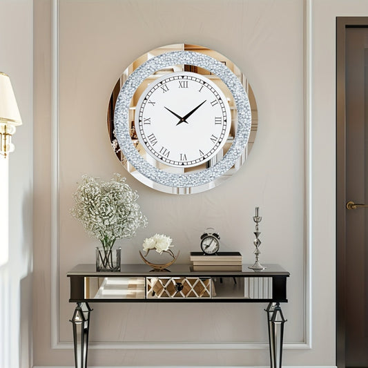 Nutshell elegant glass mirrored wall clock with Roman numerals hanging above a black console table