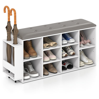 Nutshell entryway shoe rack with umbrella holder featuring storage for shoes and a padded bench
