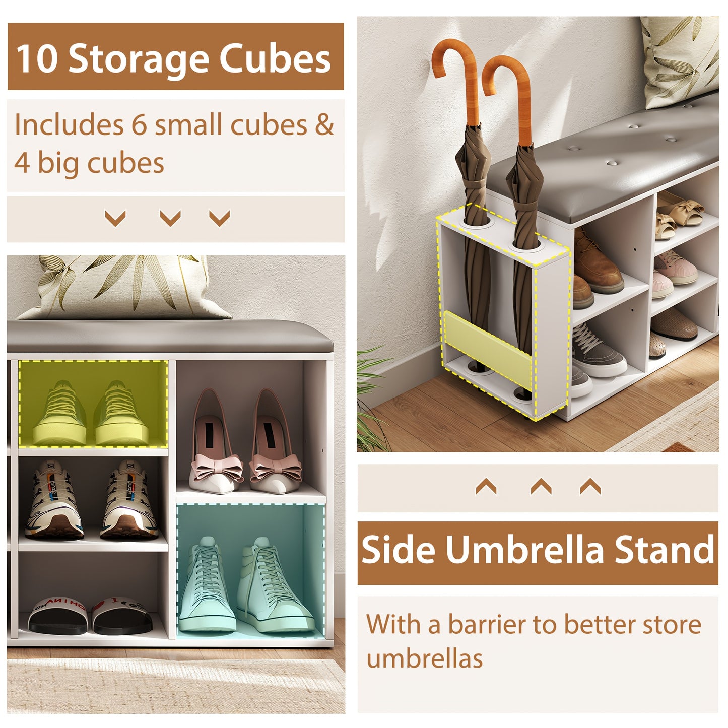 Nutshell entryway shoe rack with umbrella holder featuring 10 storage cubes for shoes and umbrellas