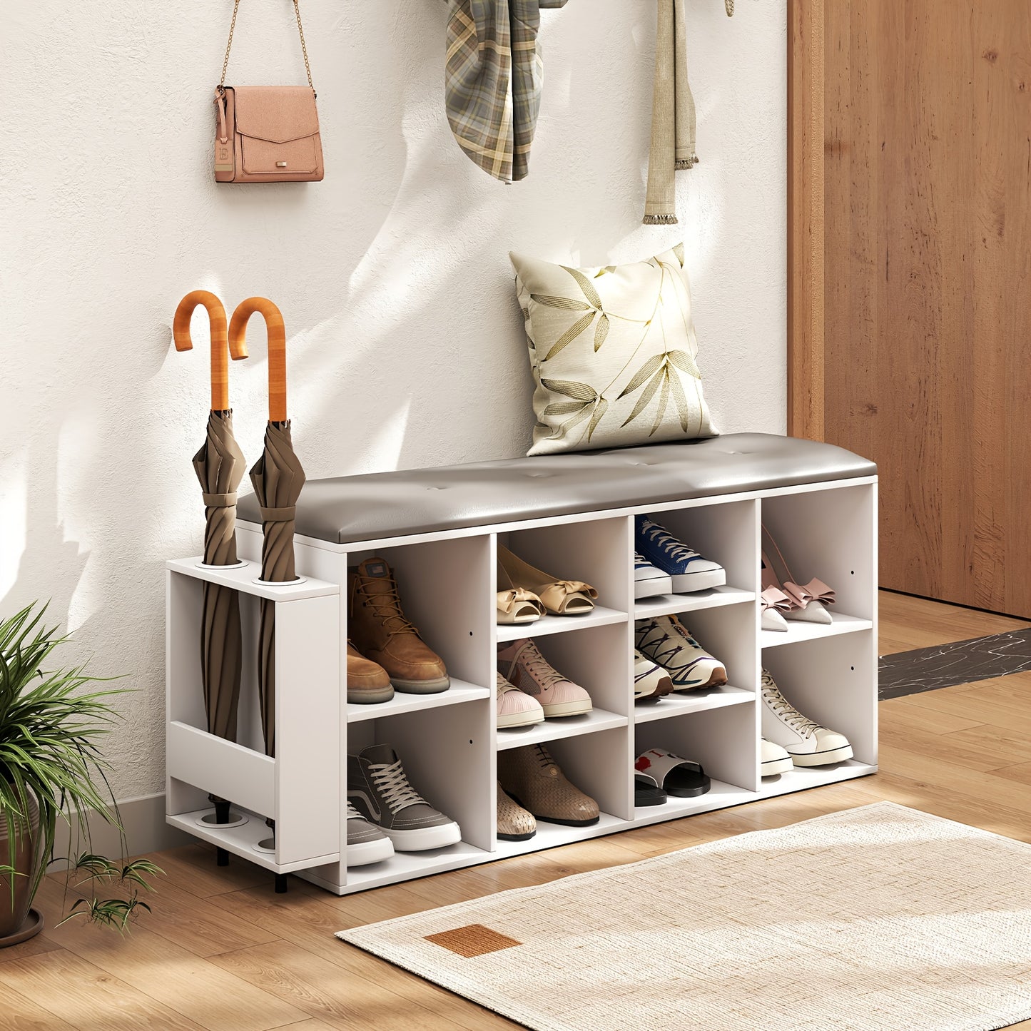 Modern entryway shoe rack with umbrella holder providing ample storage for shoes and umbrellas