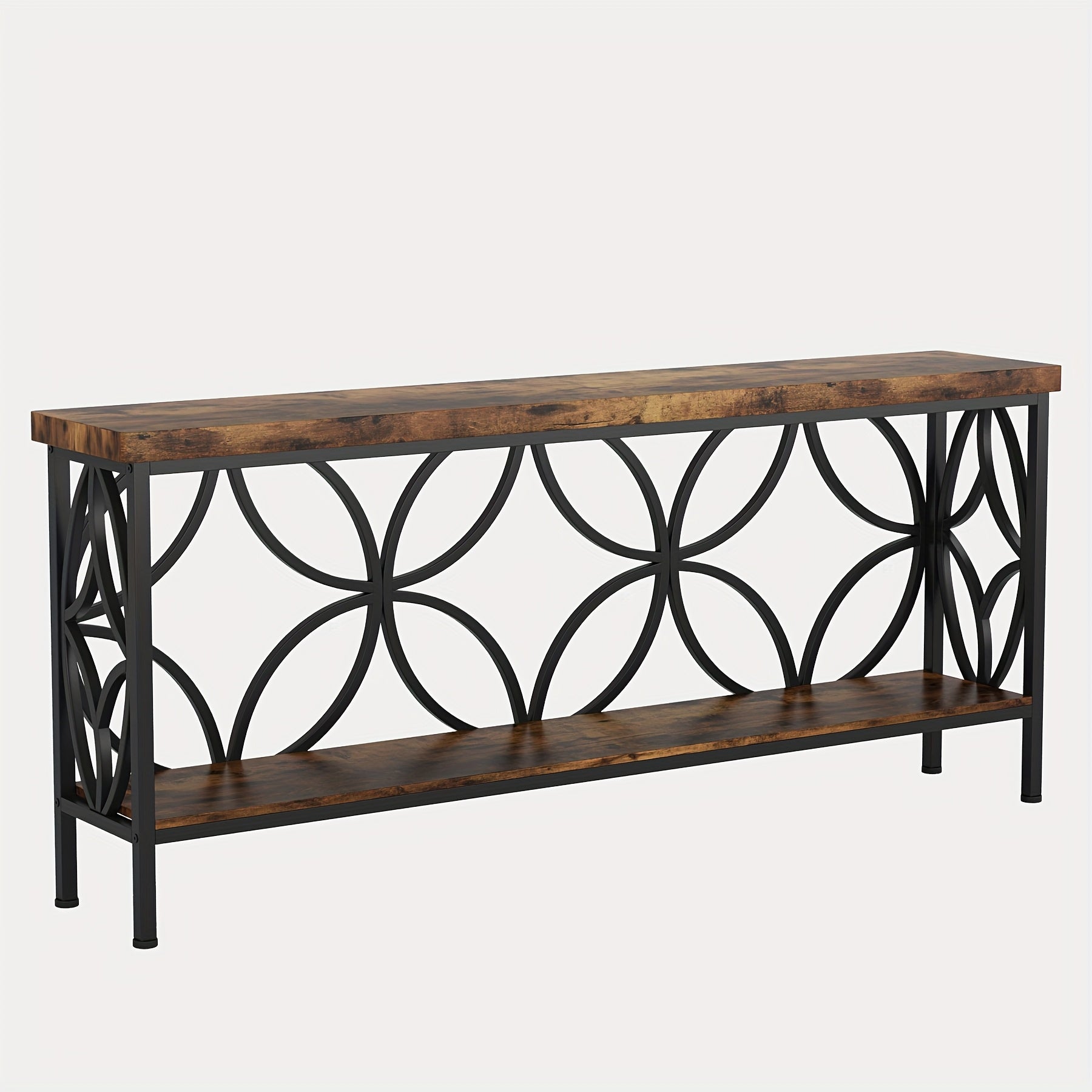 Nutshell entryway table with storage featuring rustic wood top and bottom shelf with black metal circular frame