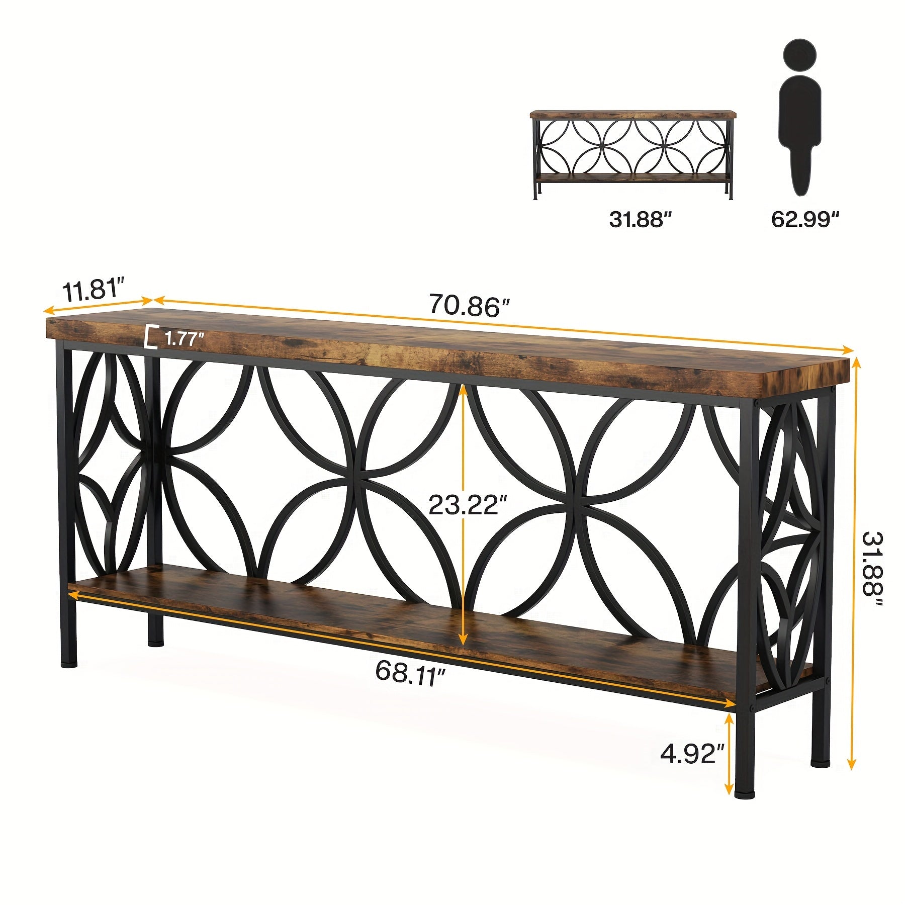 Nutshell entryway table with storage featuring wooden top and bottom shelf with decorative black metal frame