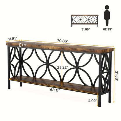 Nutshell entryway table with storage featuring wooden top and bottom shelf with decorative black metal frame