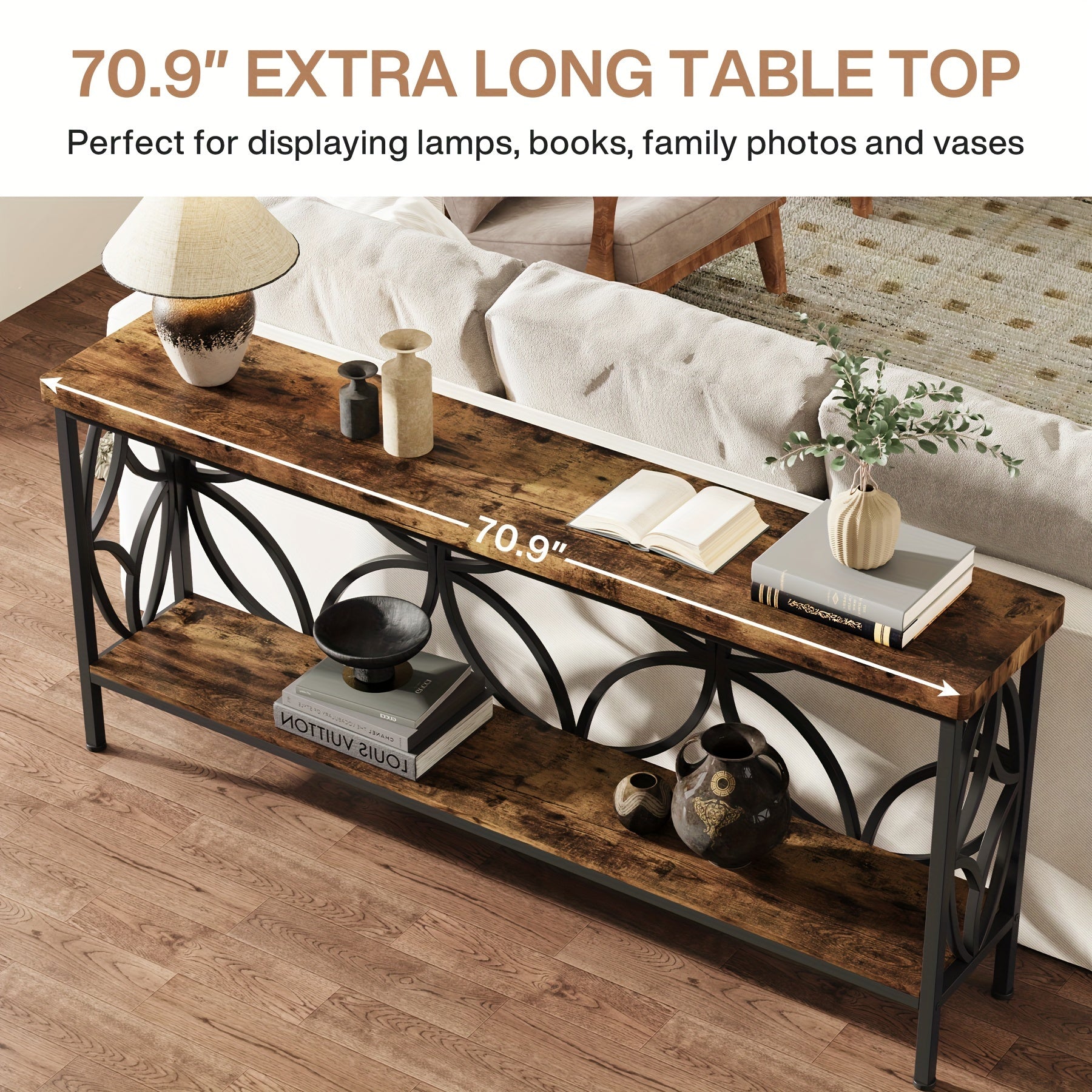 Nutshell entryway table with storage featuring a 70.9 inch extra long wood top and black metal frame