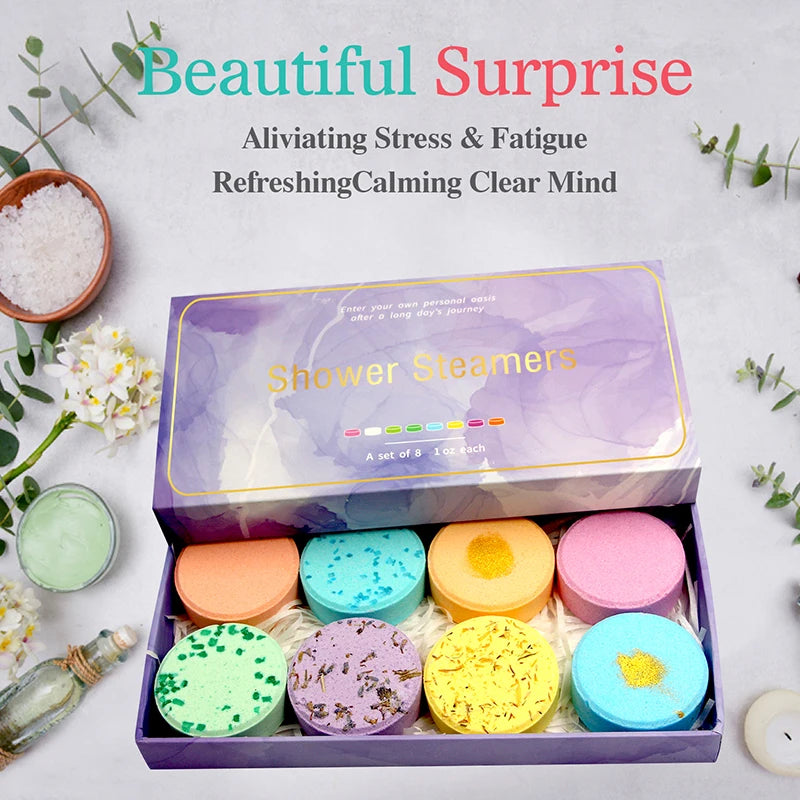 Nutshell essential oils shower steamers in various colors for stress relief and relaxation during showers