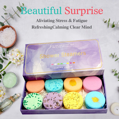 Nutshell essential oils shower steamers in various colors for stress relief and relaxation during showers