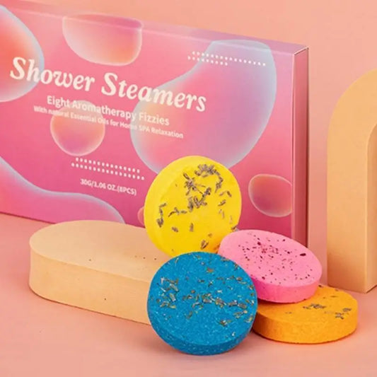 Nutshell essential oils shower steamers set with colorful aromatherapy fizzies and relaxing scents