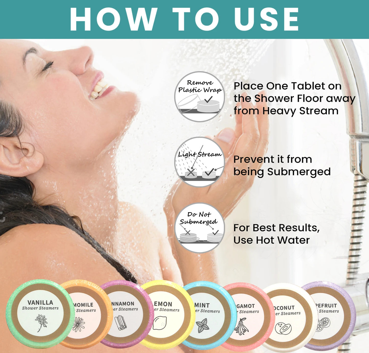 Nutshell essential oils shower steamers instructions for use with various scents and applications