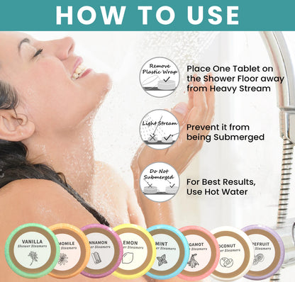 Nutshell essential oils shower steamers instructions for use with various scents and applications