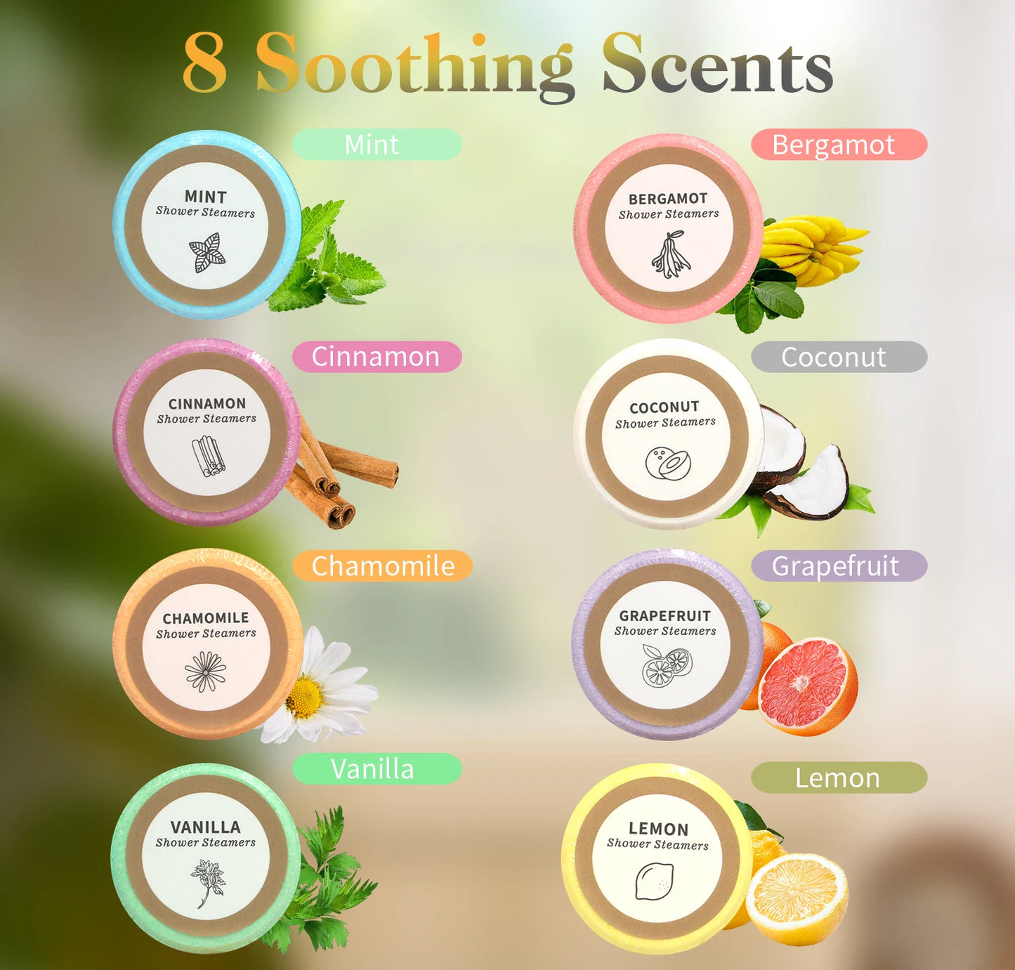 Nutshell essential oils shower steamers featuring eight scents including mint, cinnamon, and lemon