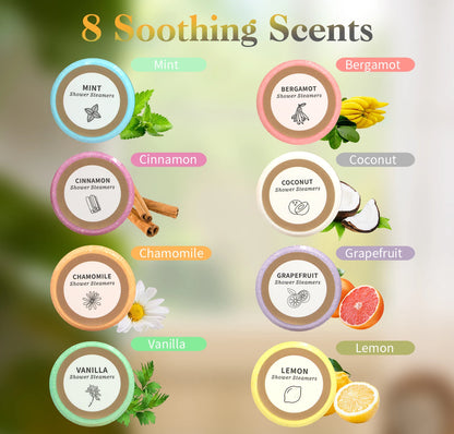 Nutshell essential oils shower steamers featuring eight scents including mint, cinnamon, and lemon