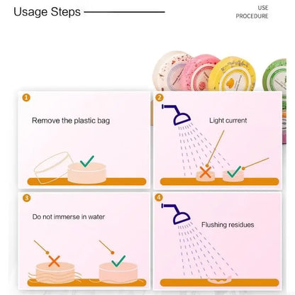Nutshell essential oils shower steamers usage steps illustrated with removal, light water, and residue flushing instructions