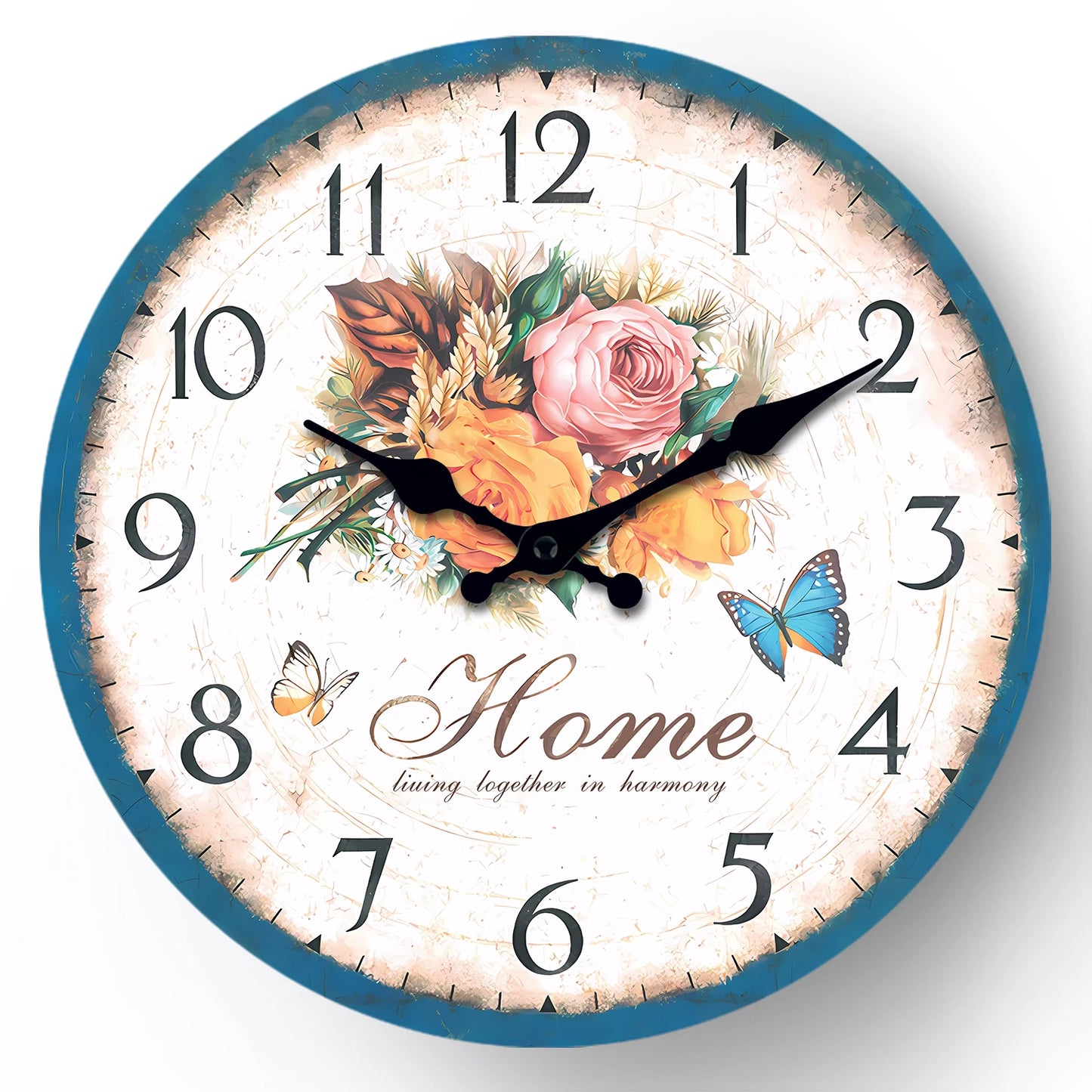 European style flower wall clock featuring vibrant floral design and elegant butterfly accents