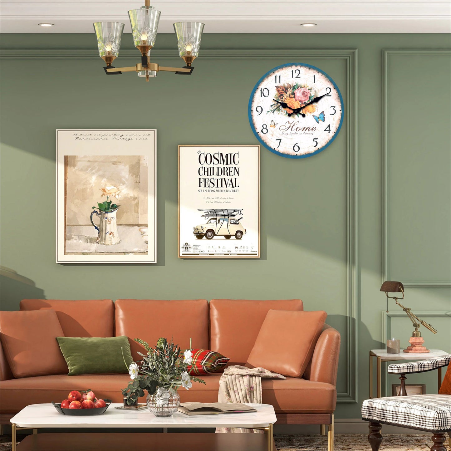 Elegant European style flower wall clock adorned with floral design in a stylish living room setting