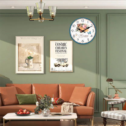 Elegant European style flower wall clock adorned with floral design in a stylish living room setting