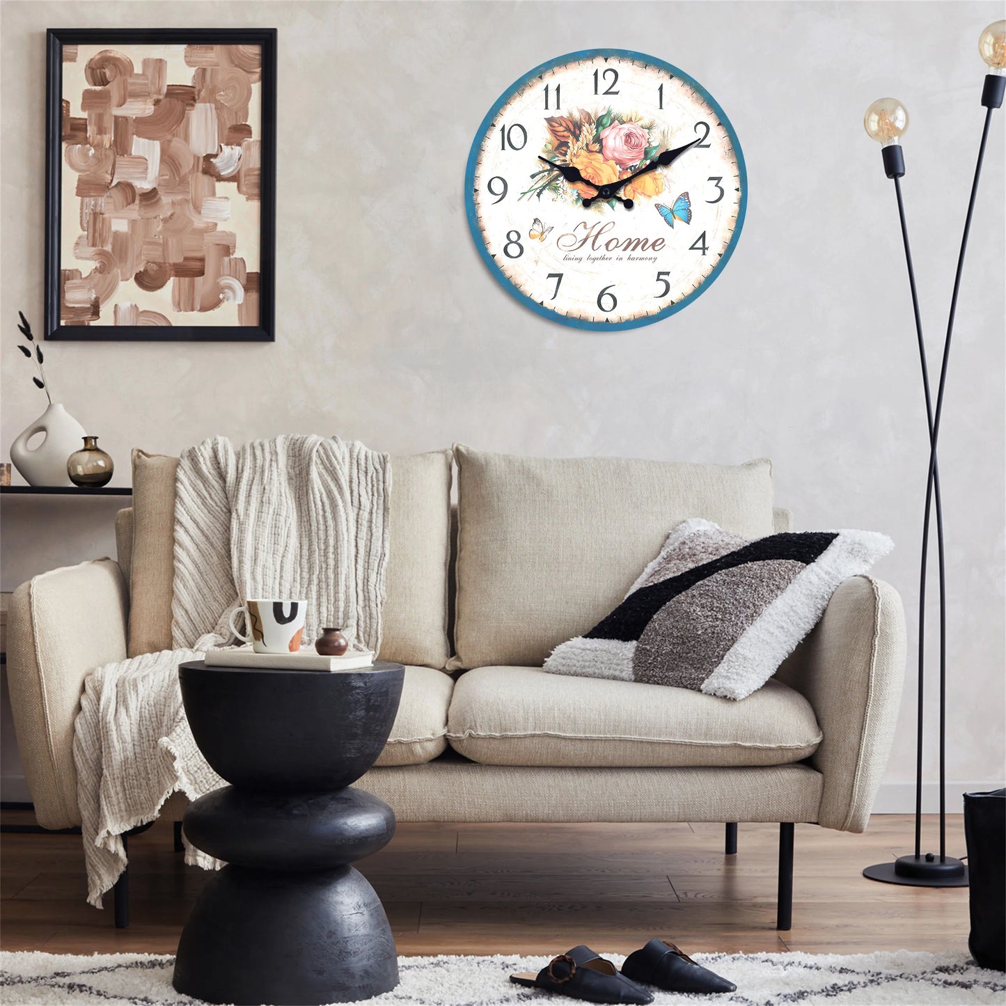 European style flower wall clock with floral design and decorative numbers in a modern living room setting
