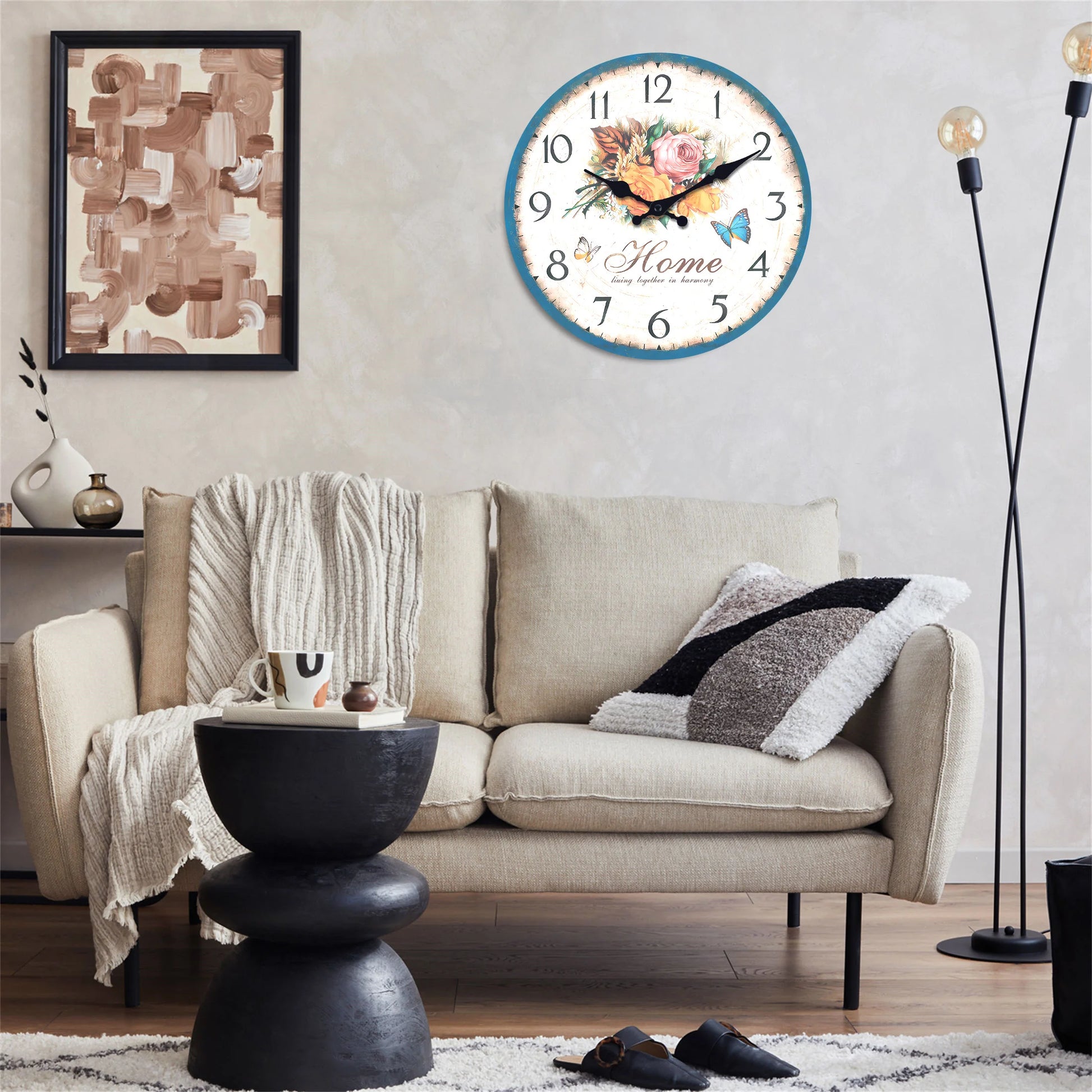 European style flower wall clock with floral design and decorative numbers in a modern living room setting