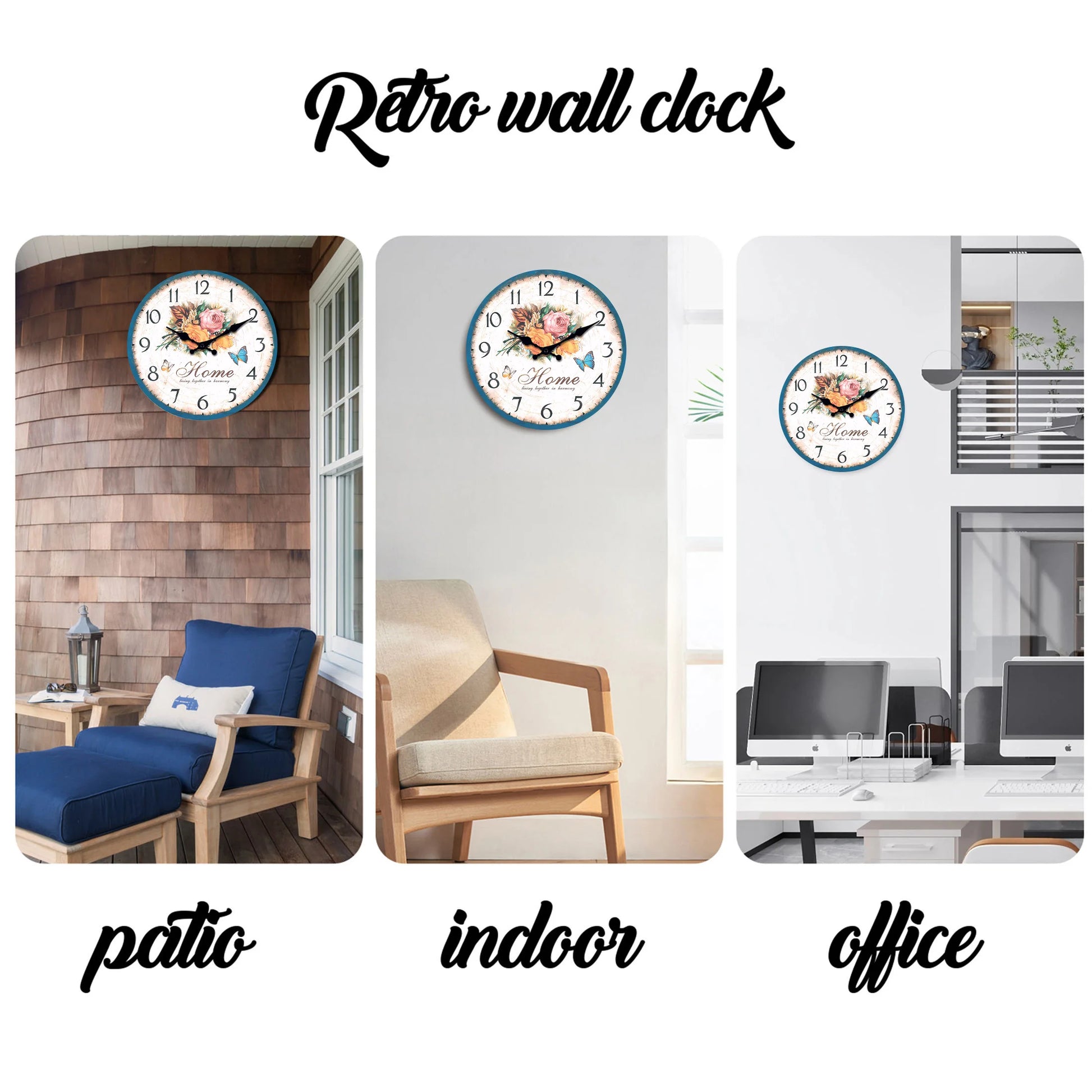 European style flower wall clock displayed in patio, indoor, and office settings