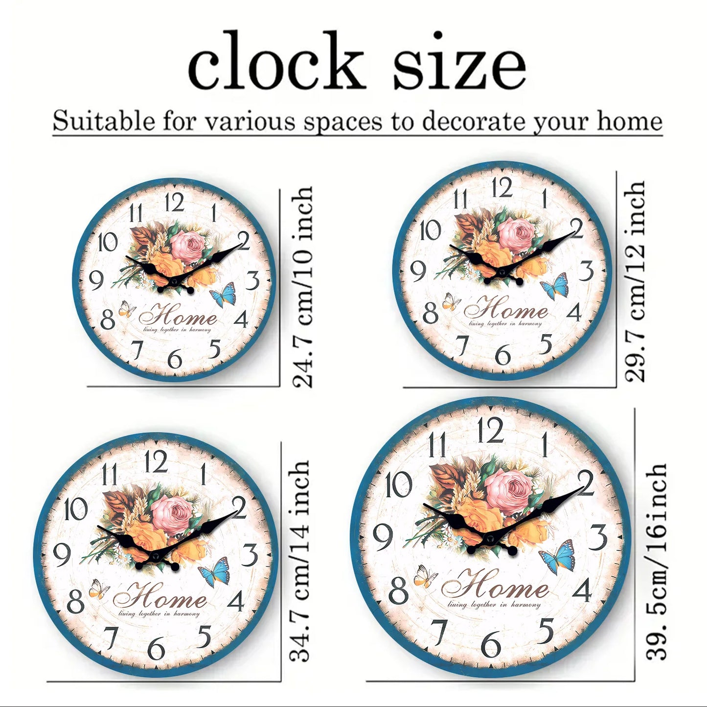 European style flower wall clock in various sizes with floral design and clear numbers