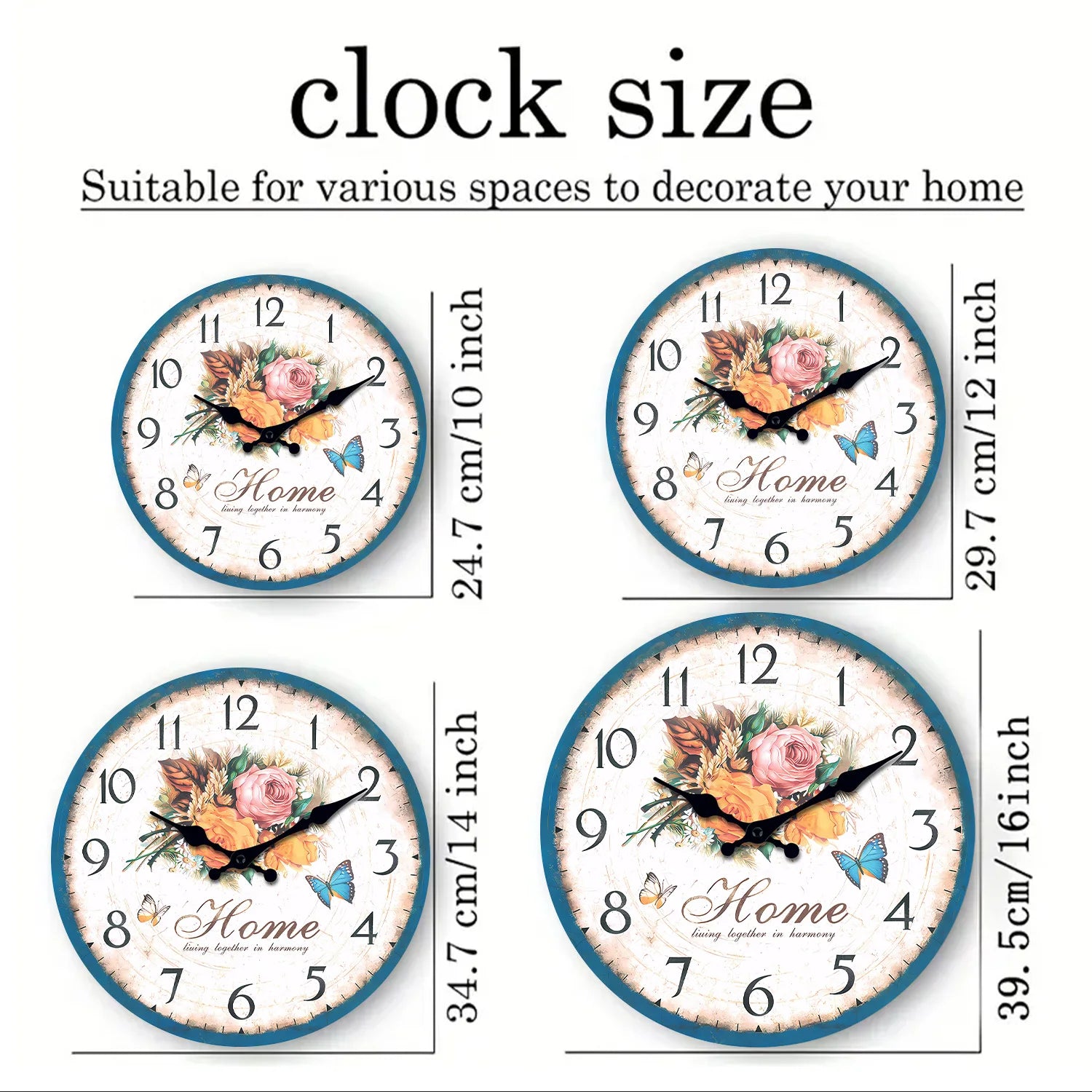 European style flower wall clock in various sizes with floral design and clear numbers