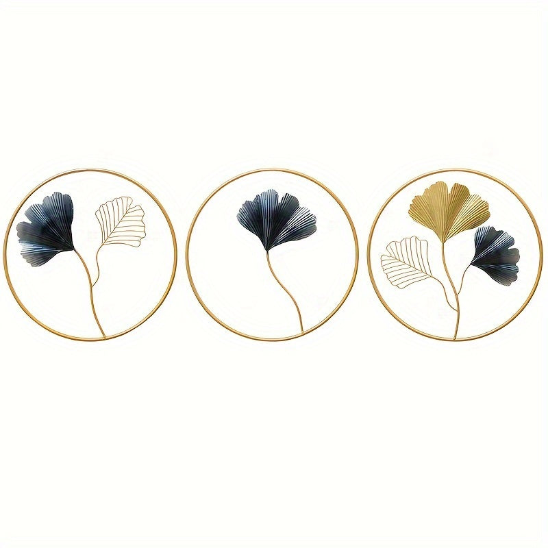Elegant European style wall art featuring three round botanical designs in gold and black