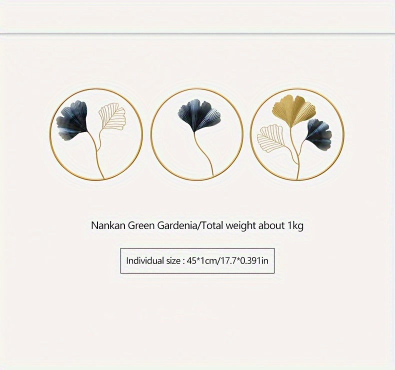 European style wall art featuring three circular designs with green gardenia leaves in black and gold