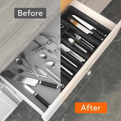 Before and after images of a kitchen drawer using an expandable cutlery tray for organized utensils