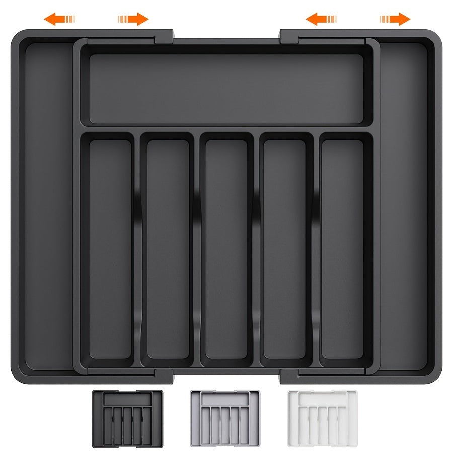 Nutshell expandable cutlery tray in black with adjustable compartments for organized kitchen storage