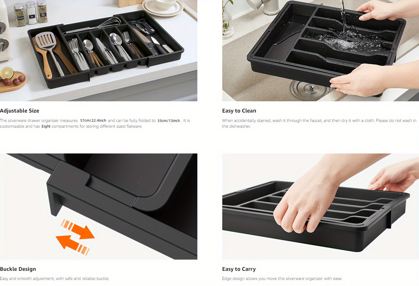 Nutshell expandable cutlery tray featuring adjustable sections for easy organization and cleaning