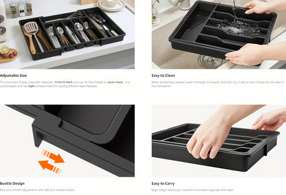 Nutshell expandable cutlery tray featuring adjustable sections for easy organization and cleaning