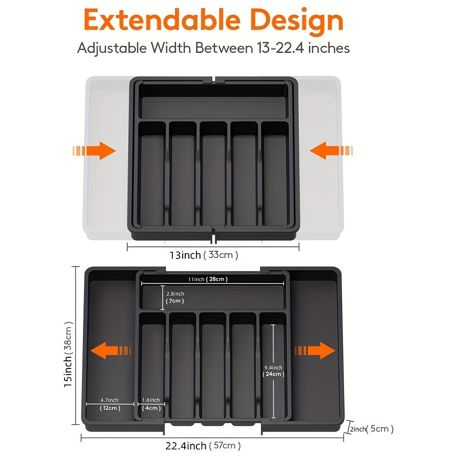 Nutshell expandable cutlery tray with adjustable design from 13 to 22.4 inches for organized kitchen utensils
