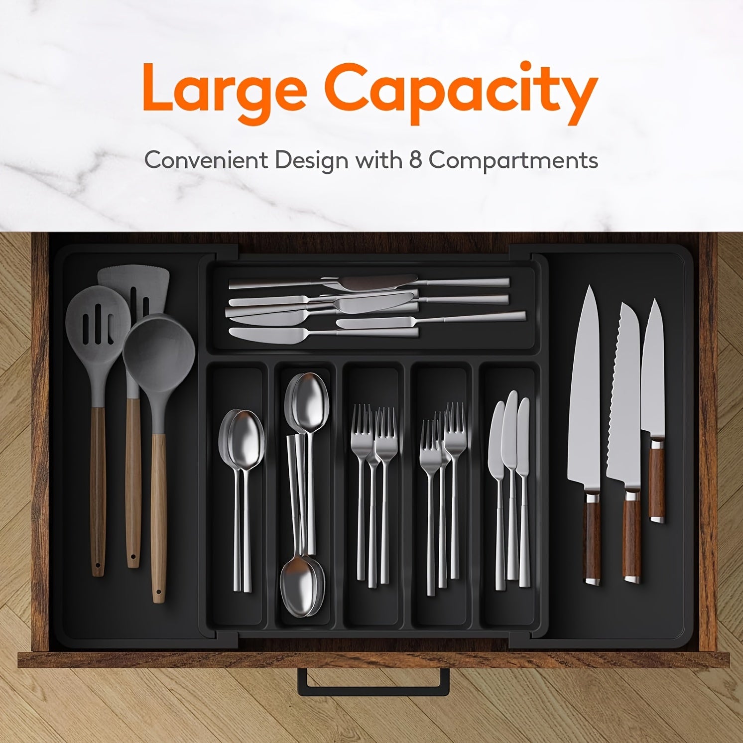 Nutshell expandable cutlery tray with 8 compartments for organized kitchen storage