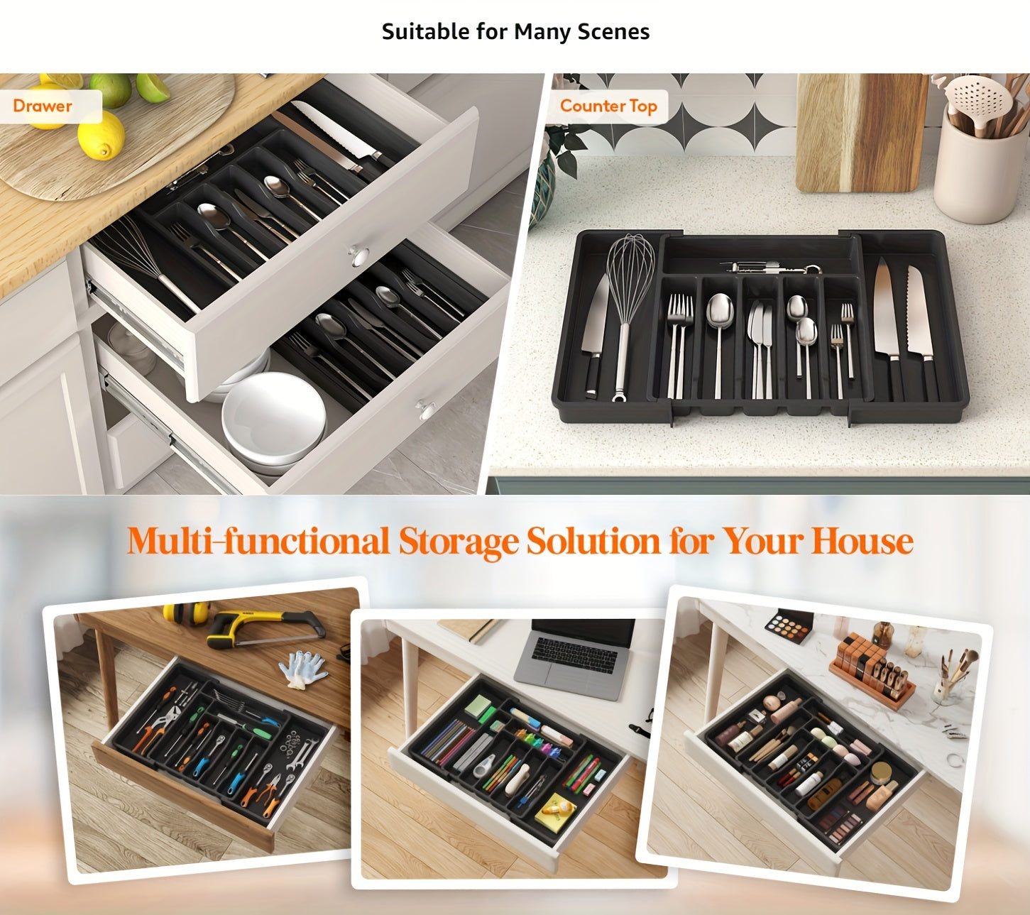 Nutshell expandable cutlery tray in a kitchen drawer organizing utensils and cutlery neatly