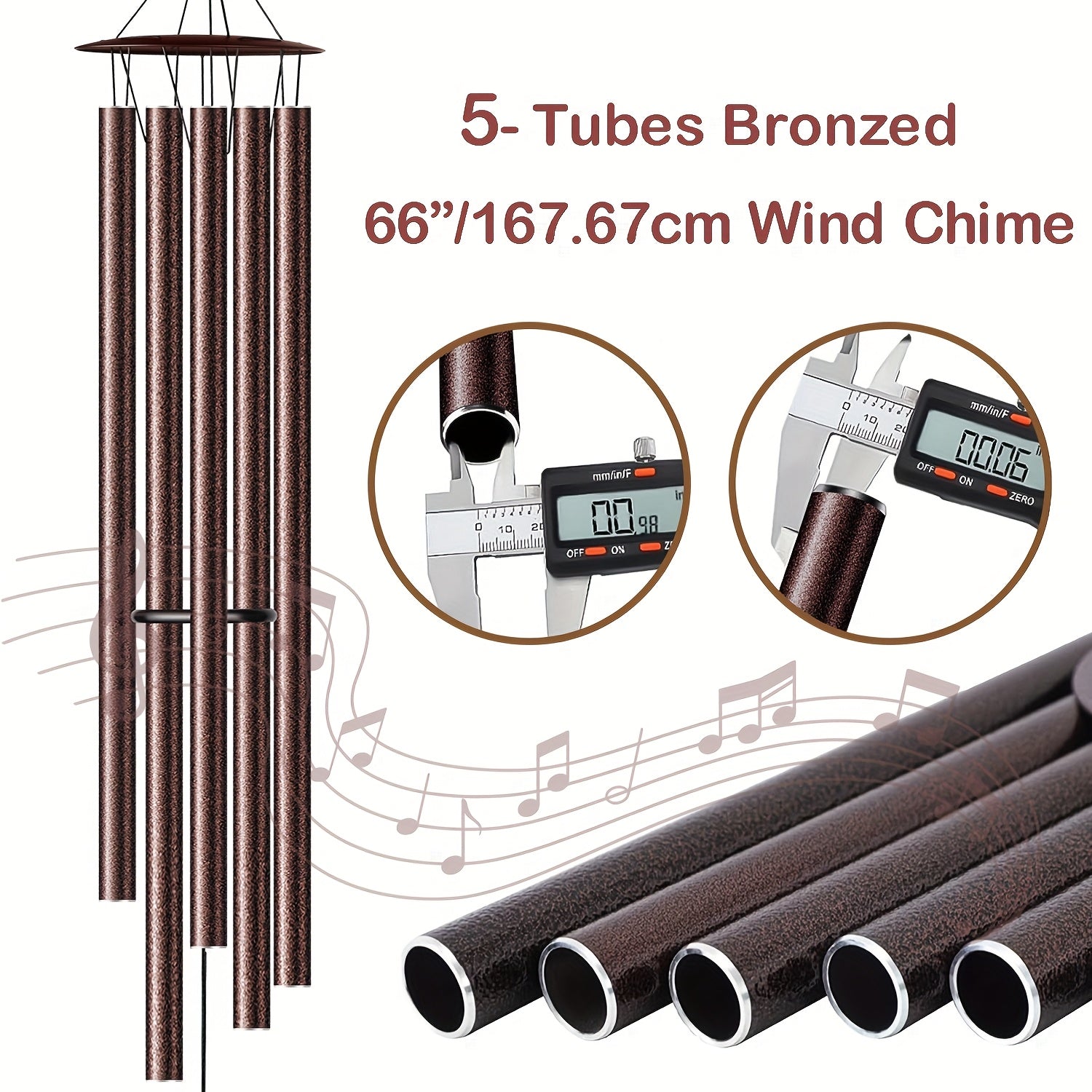 Extra large aluminium chimes outdoor featuring 5 bronzed tubes, 66 inches in length for beautiful sound.