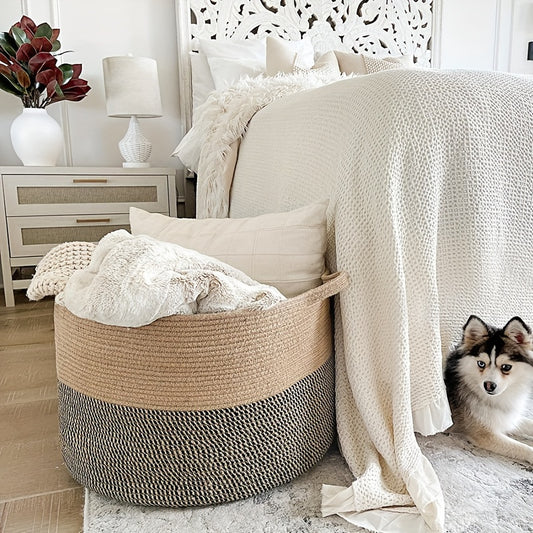 Extra Large Bohemian Style Rope Storage Basket with Handles in a Cozy Bedroom Setting