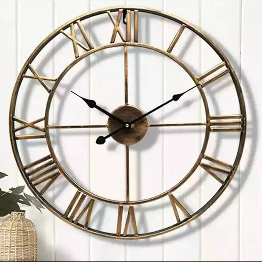Extra Large Iron Roman Numerals Wall Clock with a vintage design and black clock hands