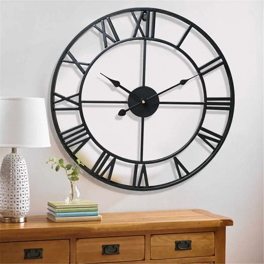 Extra Large Iron Roman Numerals Wall Clock in Black with Simple Modern Design for Home Decor