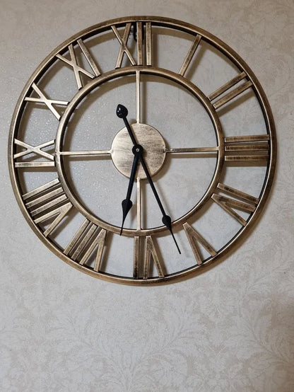 Extra Large Iron Roman Numerals Wall Clock with a Sleek Metallic Finish for Home Decor