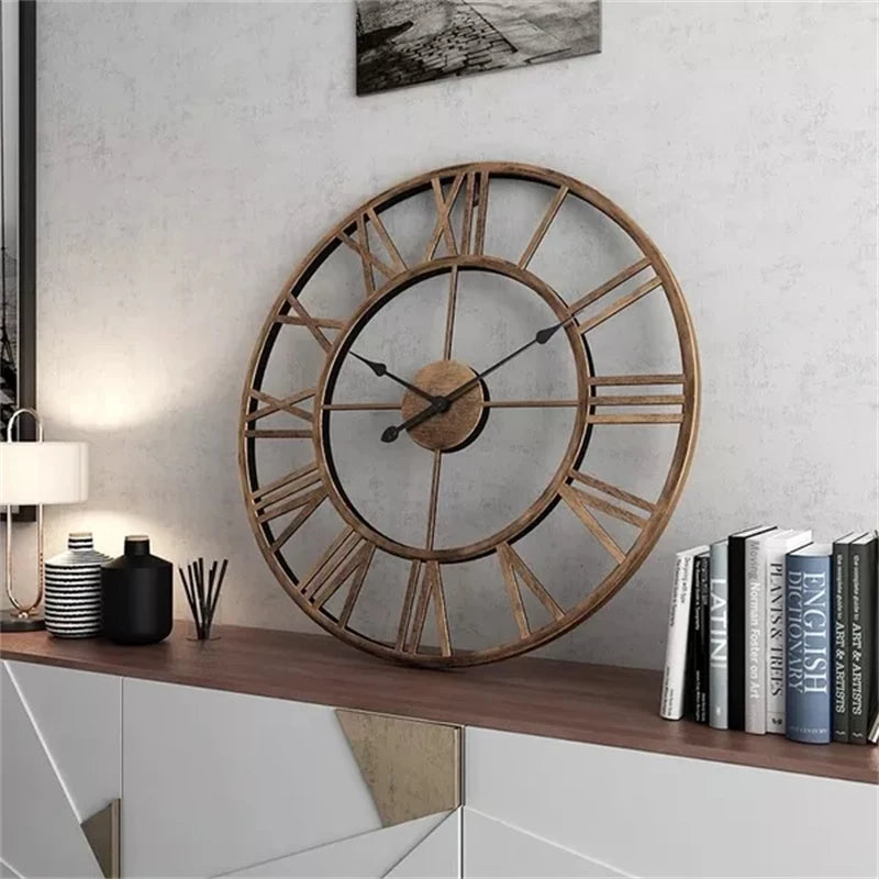 Extra Large Iron Roman Numerals Wall Clock with Rustic Wood and Metal Design for Home Decor