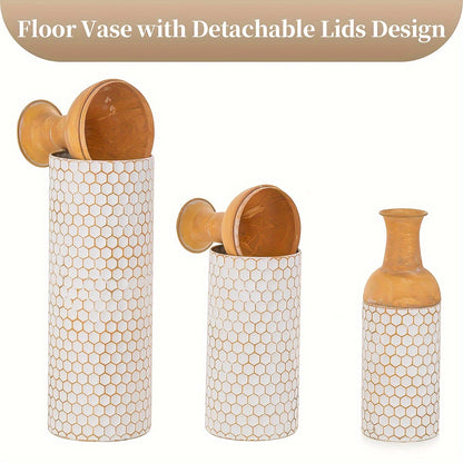 Extra large metal floor vases in a modern honeycomb design with detachable lids