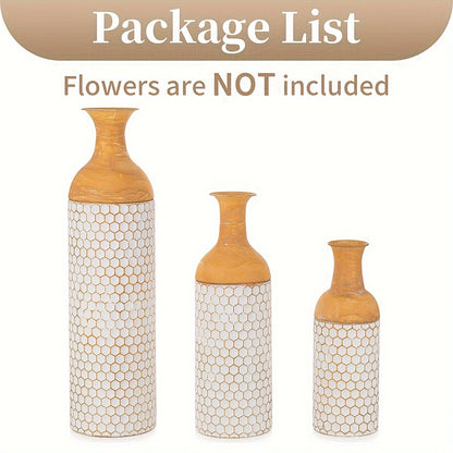 Set of three decorative vases with wooden tops, ideal for showcasing extra large metal floor vases