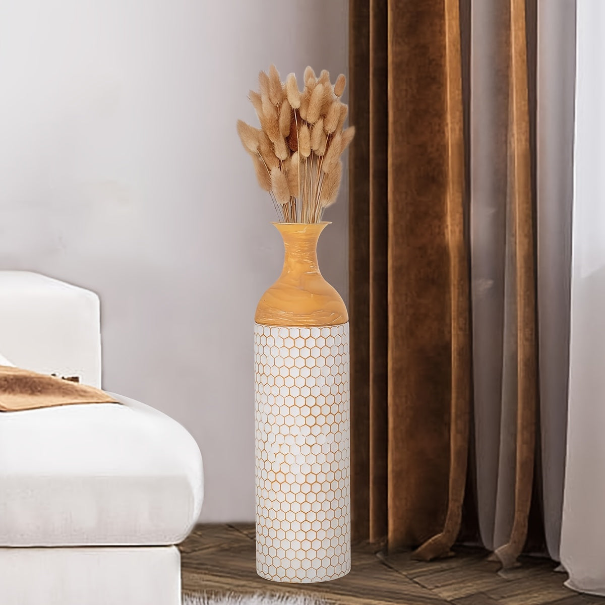 Extra large metal floor vases with a honeycomb design, styled with decorative dried flowers