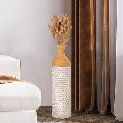 Extra large metal floor vases with a honeycomb design, styled with decorative dried flowers