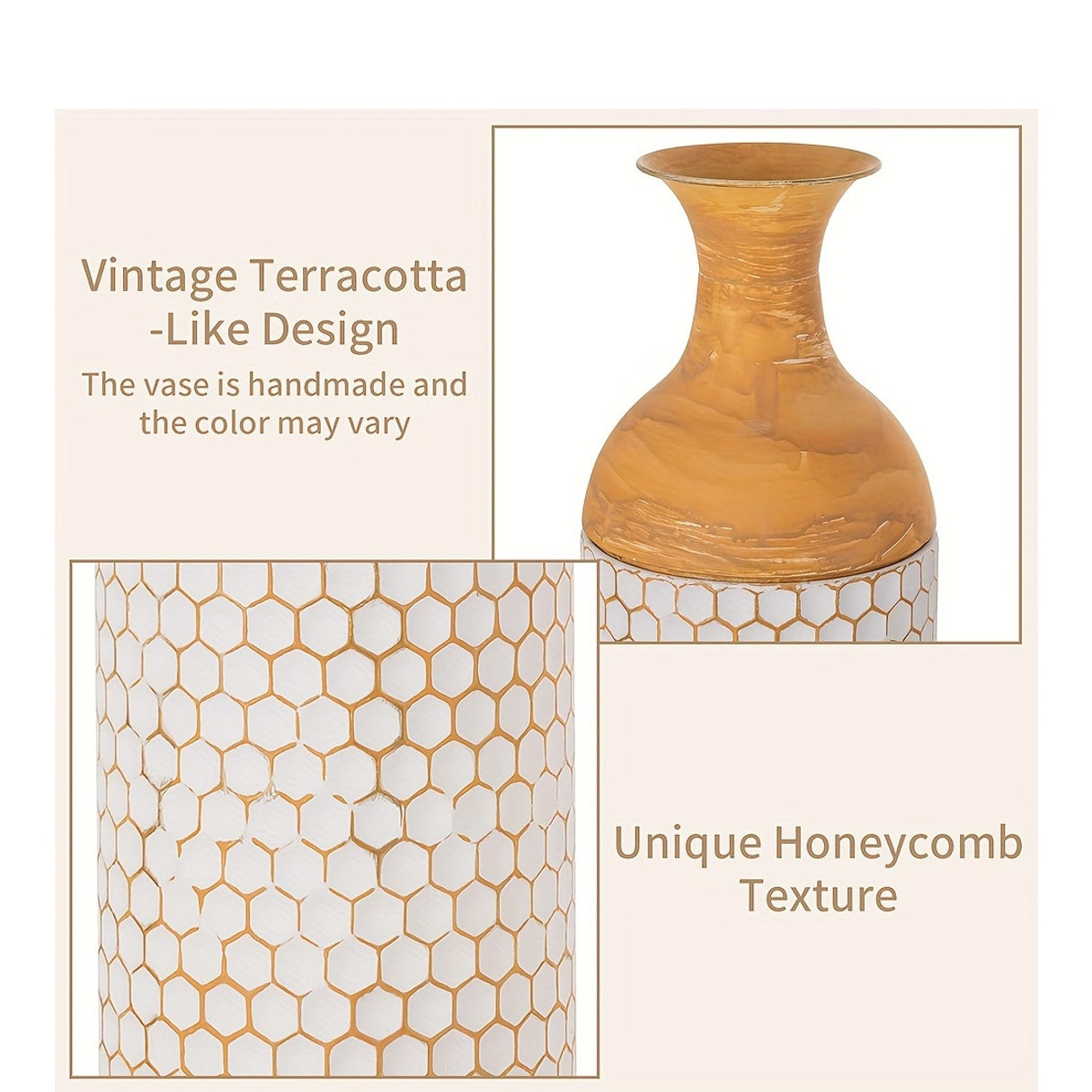 Extra large metal floor vases with vintage terracotta-like design and unique honeycomb texture