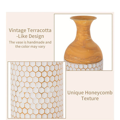 Extra large metal floor vases with vintage terracotta-like design and unique honeycomb texture