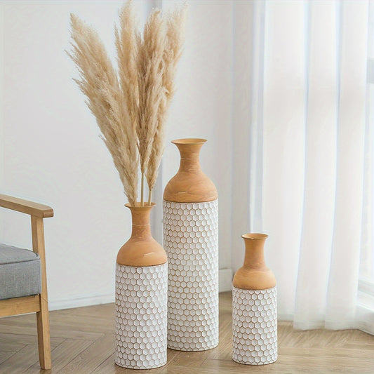 Set of three extra large metal floor vases with elegant textured design and natural wood accents