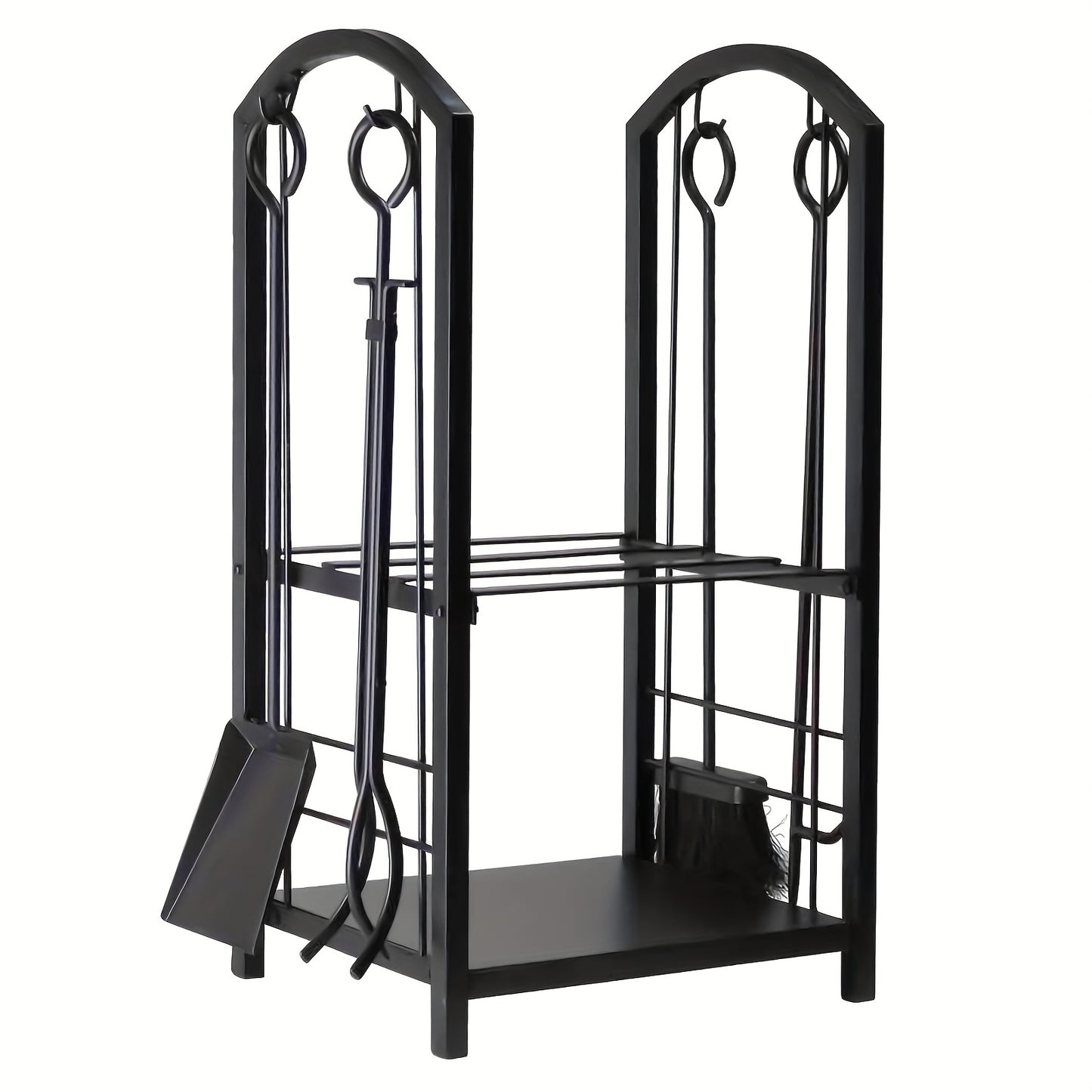5pcs Indoor Outdoor Wrought Iron Firewood Log Storage Rack Holder Firepit Tools Set for Fireplace, Fire Pit, Stove W/Hook, Broom, Shovel, Tongs